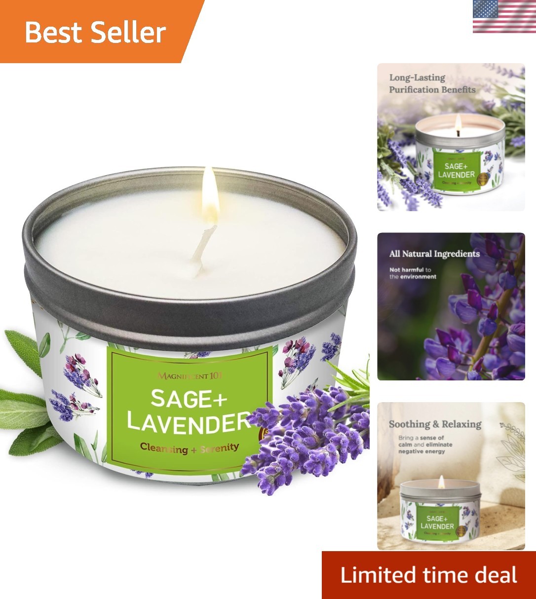 Sage & Lavender Aromatherapy Smudge Candle - 6 Oz - 35-Hour Burn Soy Wax - En...