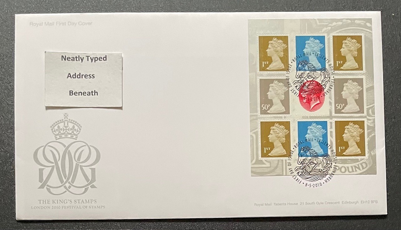 2010 The King's Stamps DX50 Prestige Booklet Pane RM FDC. With Bureau SHS.