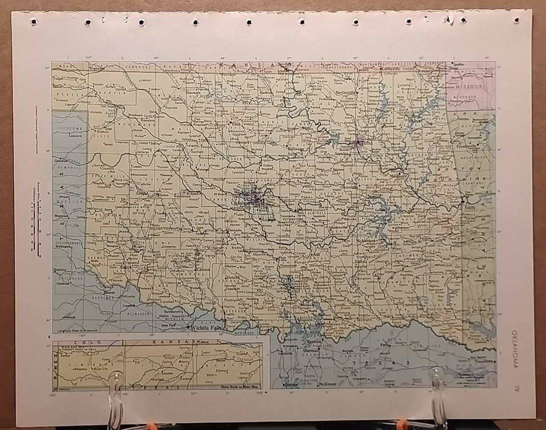 1966 Vintage OKLAHOMA Authentic Old MCM Atlas Map - Rand McNally World Atlas