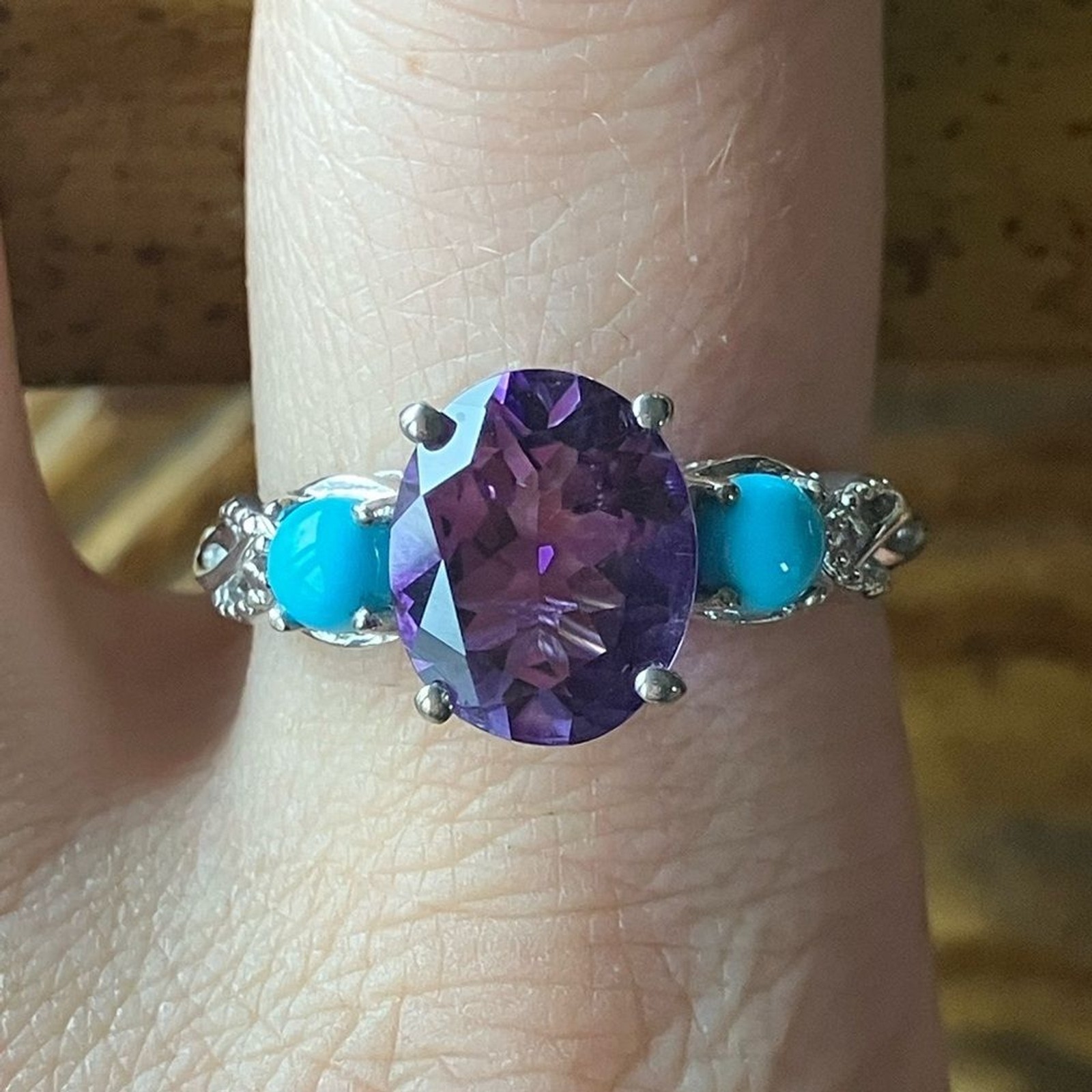 African Amethyst Sleeping Beauty Turquoise Sterling Silver Ring Size 10
