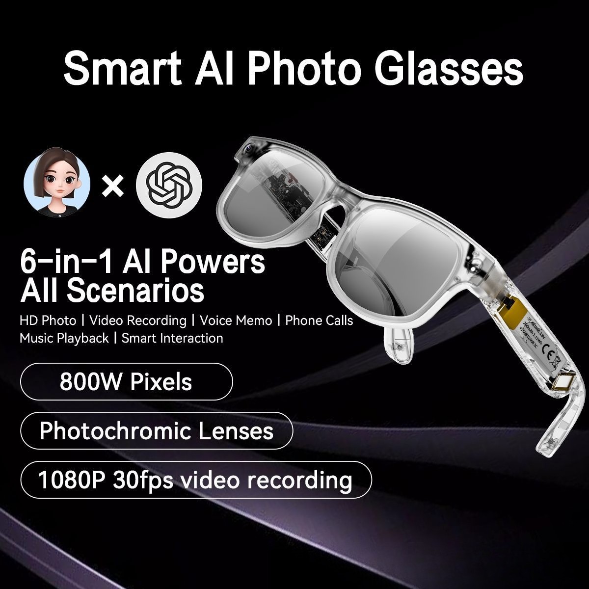 Smart Glasses 8MP Camera AI Translation Bluetooth Video Recording for Travel6.