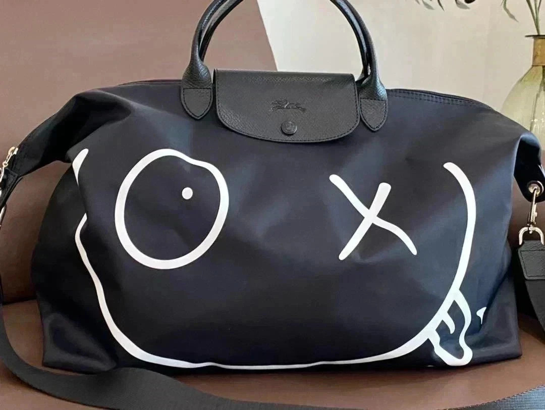 New Longchamp Andre Saraiva White Painting Travel Bag Black Nylon Outlet Japan