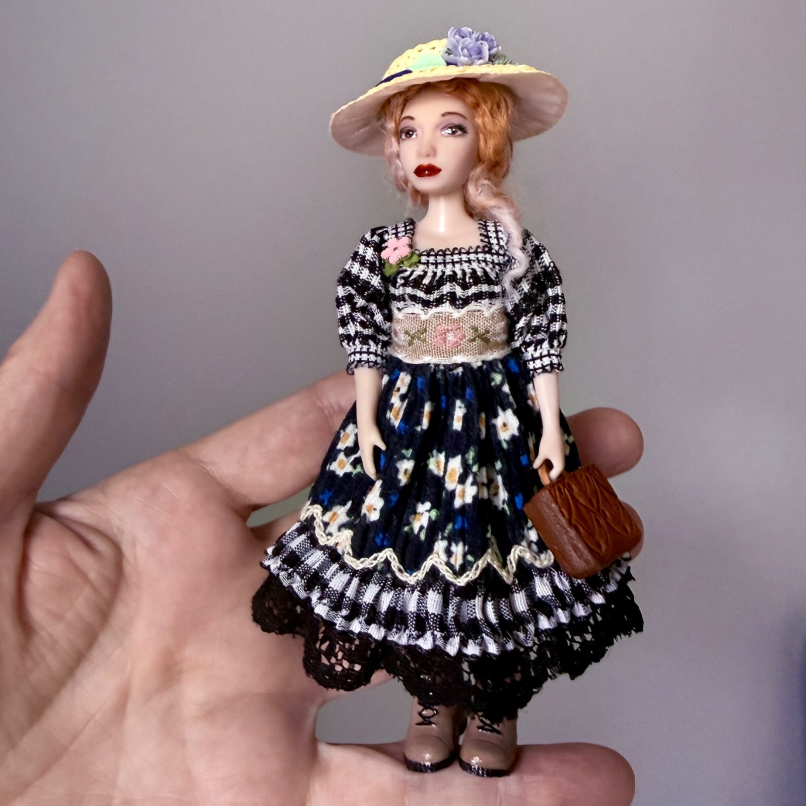 1:12 scale Boho Miniature Doll, Pose-able Handmade Dollhouse Girl