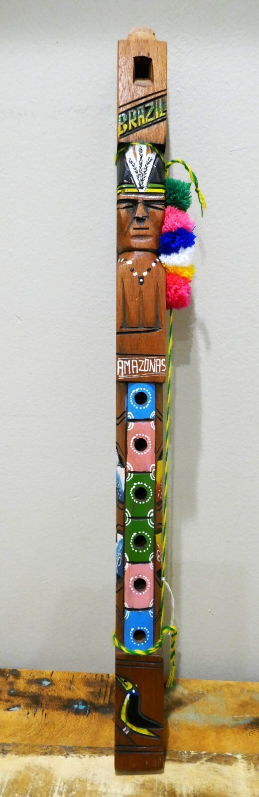 Vintage 1960's Hand Carved Totem Handmade Painted Wood Amazon 20" Tall Flute