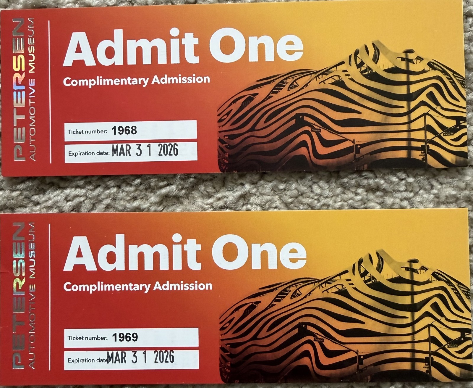 (2) Petersen Automotive Museum Admission Ticket EXP March 3/31/26 