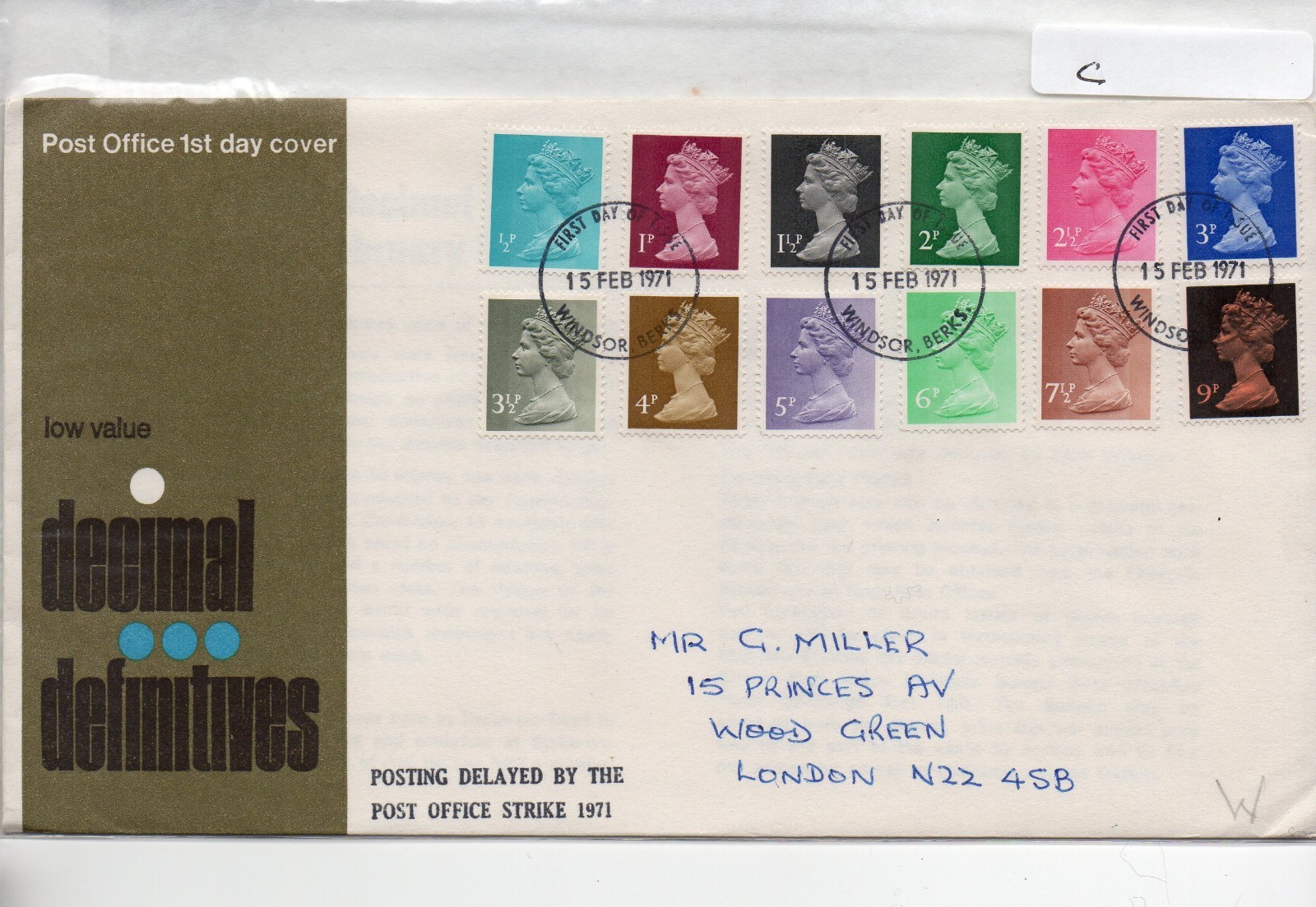 GB - First Day Cover  (C 1 ) 1971 Machin 12 values to 9p. (C) - pmk. Windsor