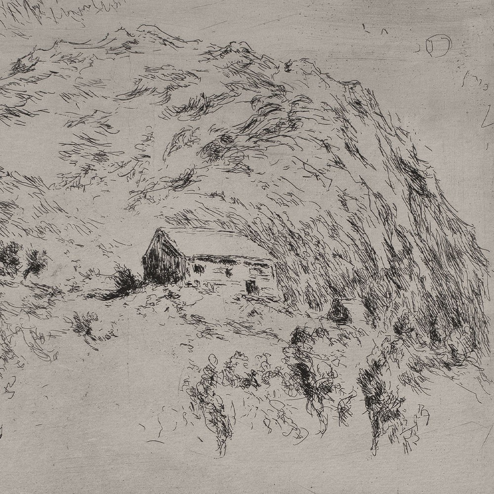 Hans Dietmann mountain landscape with hut signed etching on laid paper 20th century