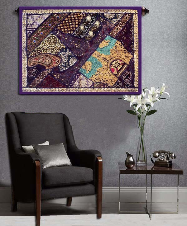 35" HUGE CRAZY QUILT DECOR SARI NECK PATCH KUNDAN BEADED TAPESTRY WALL HANGING