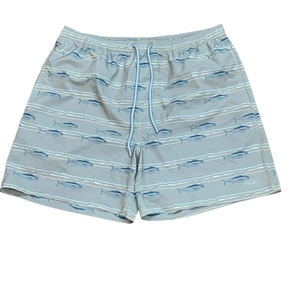 HUK Performance Fishing 6" Swim Lined Trunks Bathing Suit Grey Marlin Large