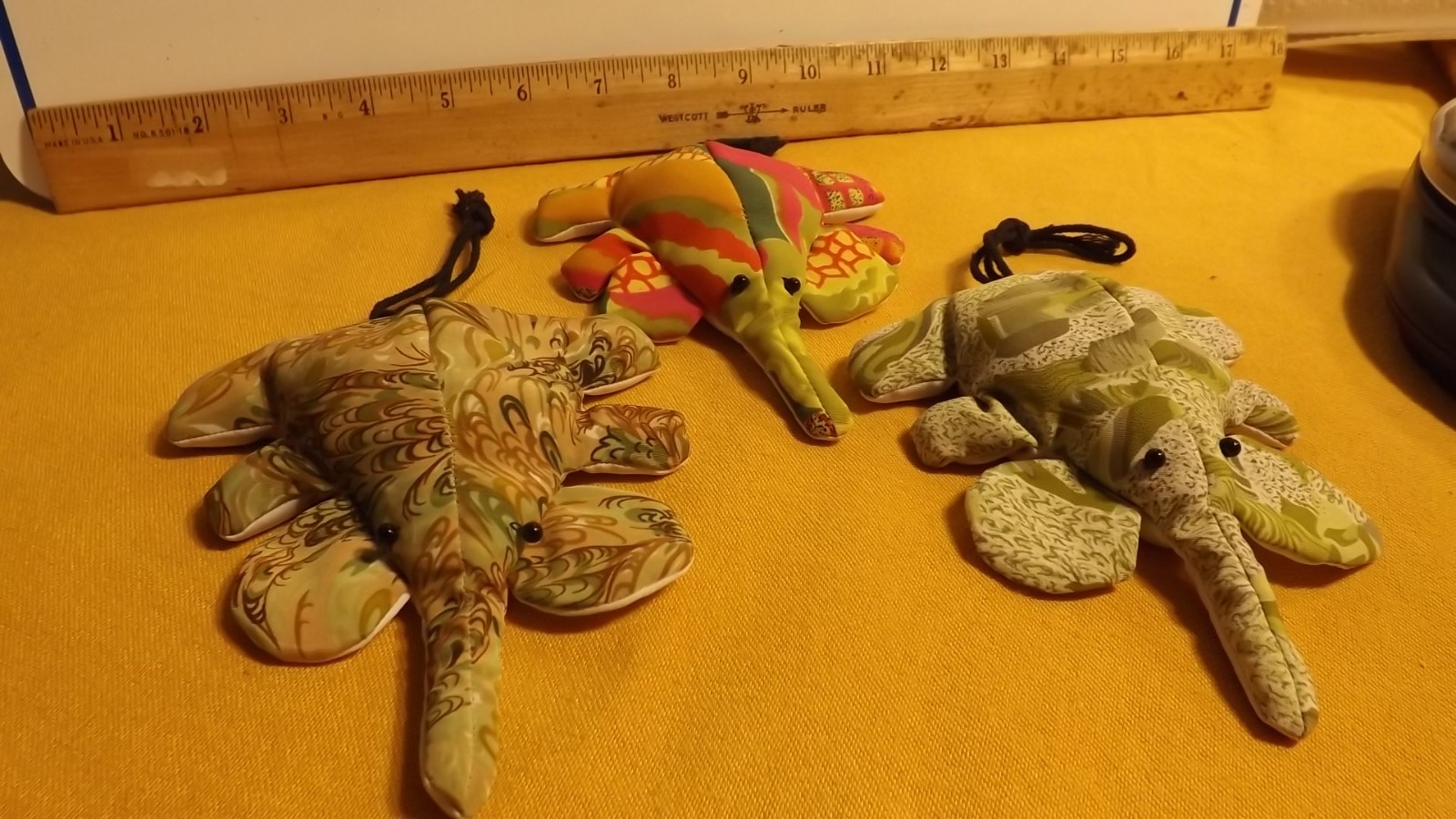 3 weighted beanbag cloth black rope tail elephants, sploot position, paperweight