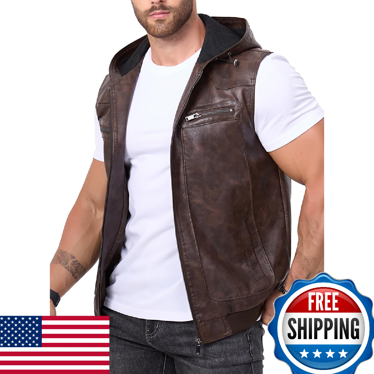 FANARCHER Men's Vintage Faux Leather Vest Jacket Zip-up Classic Hipster Vest