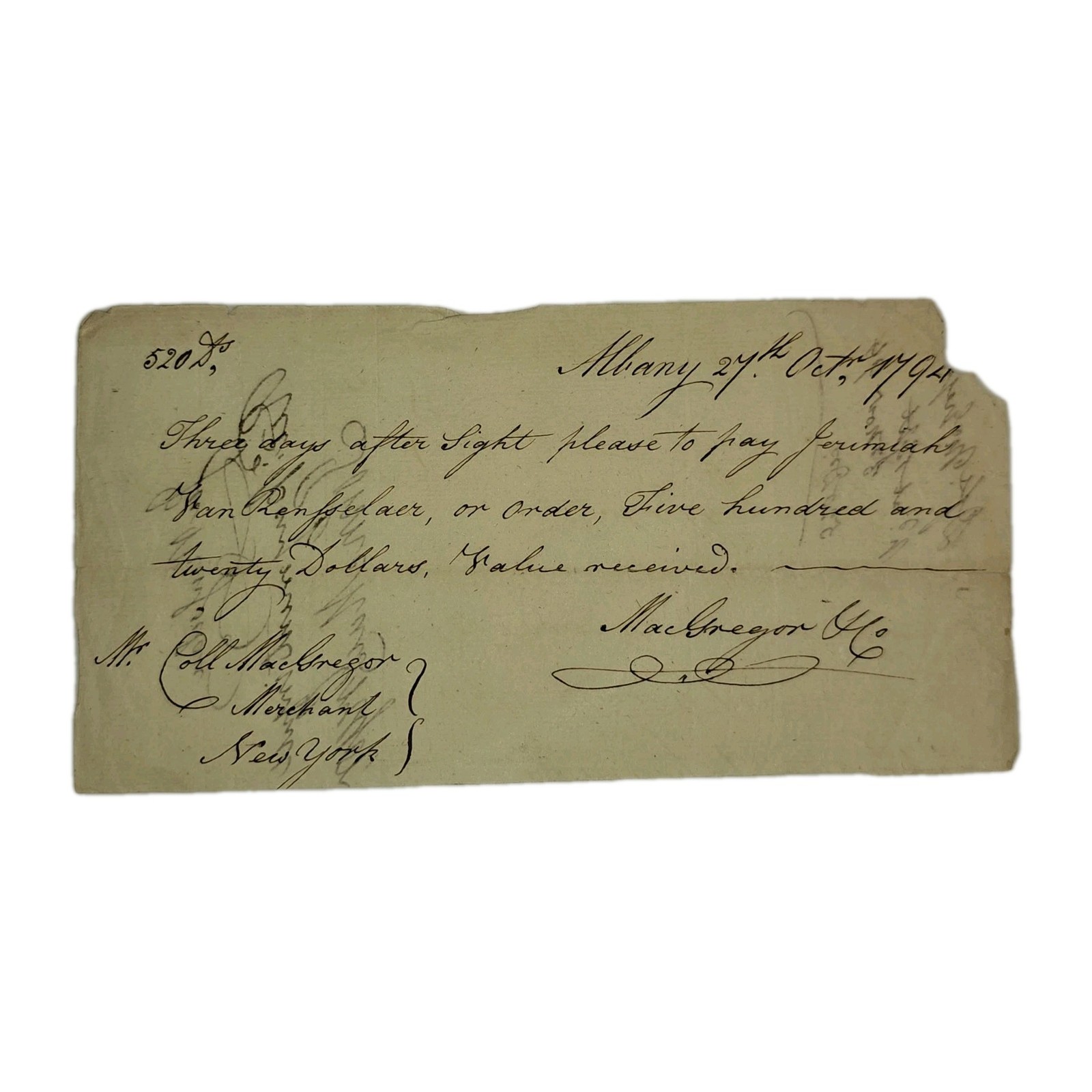 1794 Albany NY Bill of Exchange $520 Jeremiah Van Rensselaer MacGregor New York
