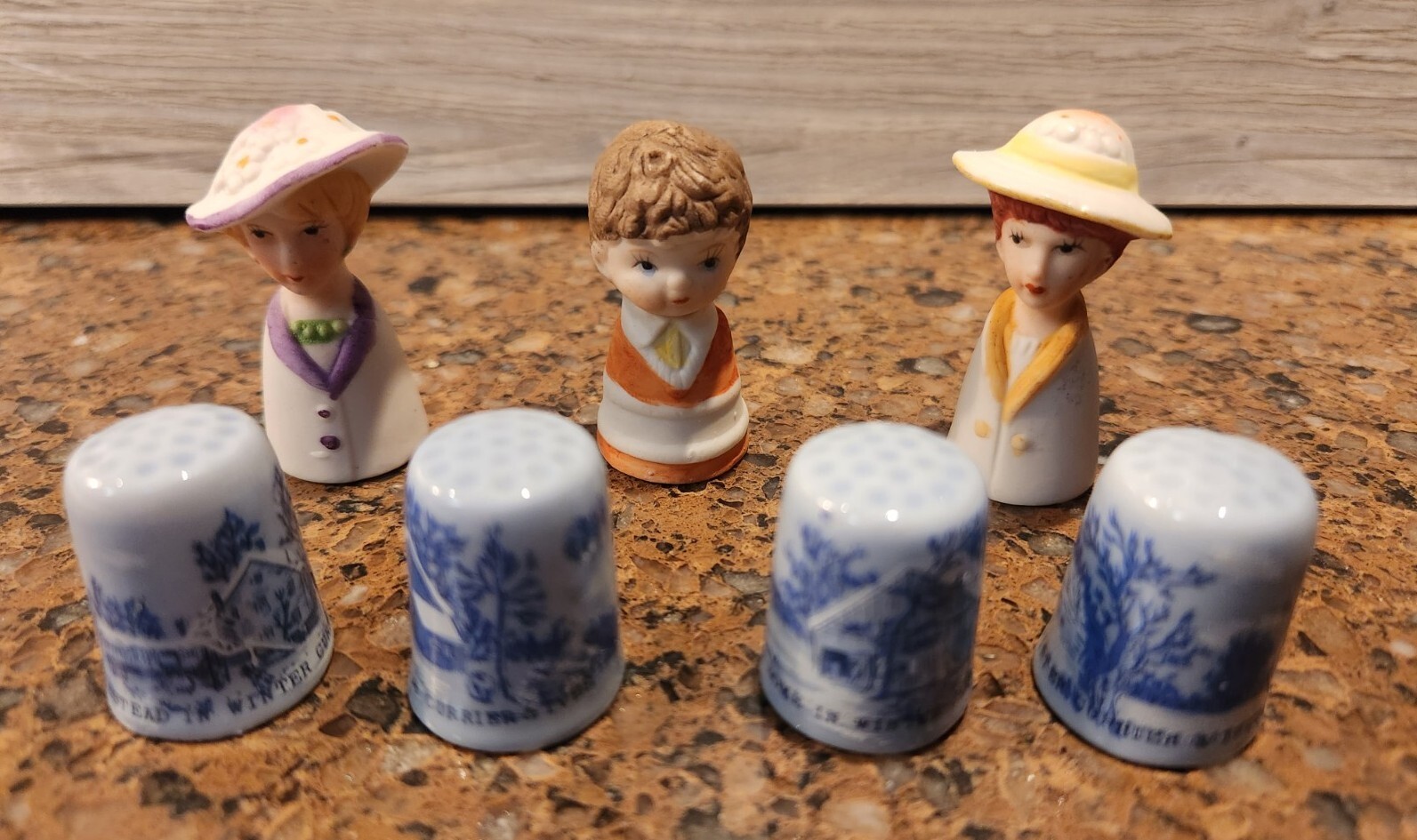 VTG Thimbles 4 Homestead In Winter & 3 Porcelain BISQUE LOT of 7