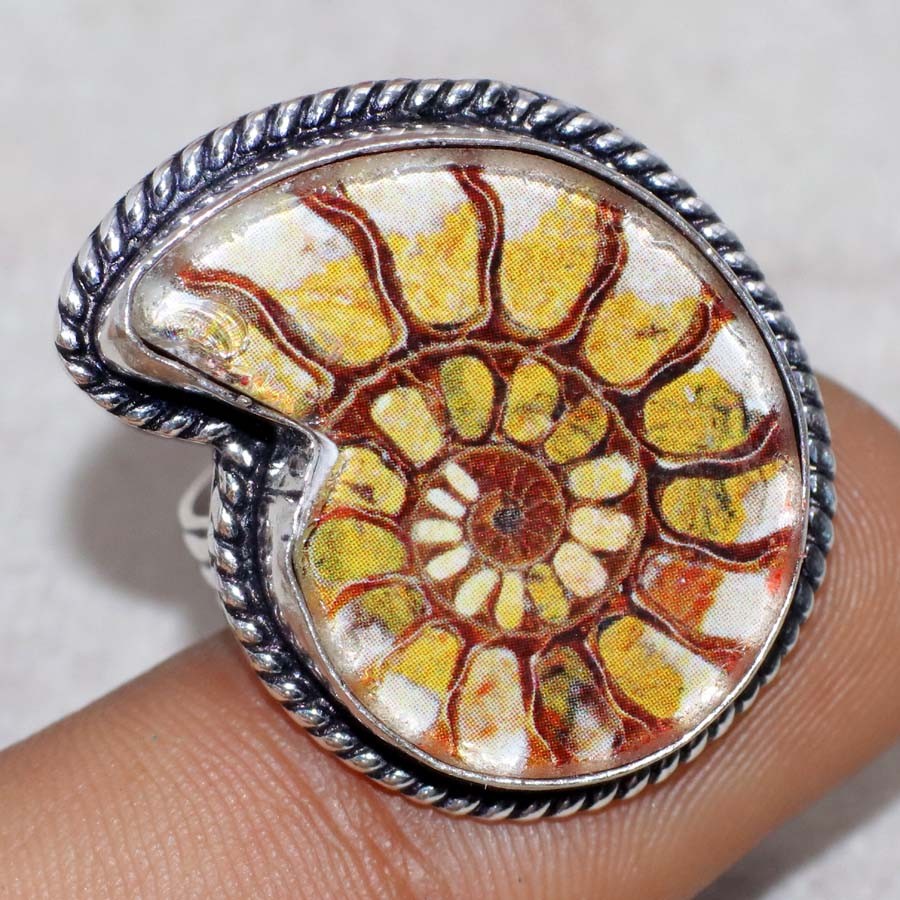 Ammonite Dichroic Glass 925 Silver Plated Ring US 9.5 Most Beautiful MJ