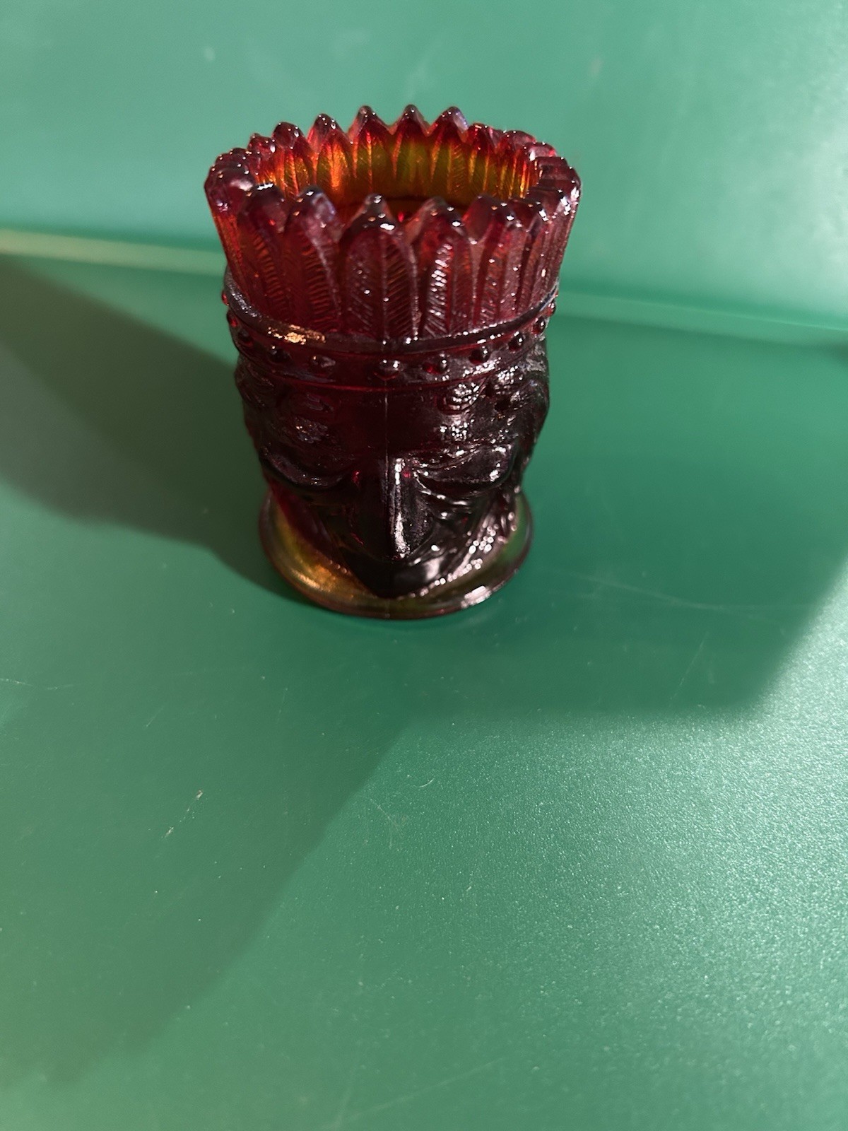 Vintage Joe St. Clair Red Iridescent Carnival Glass Indian Head Toothpick