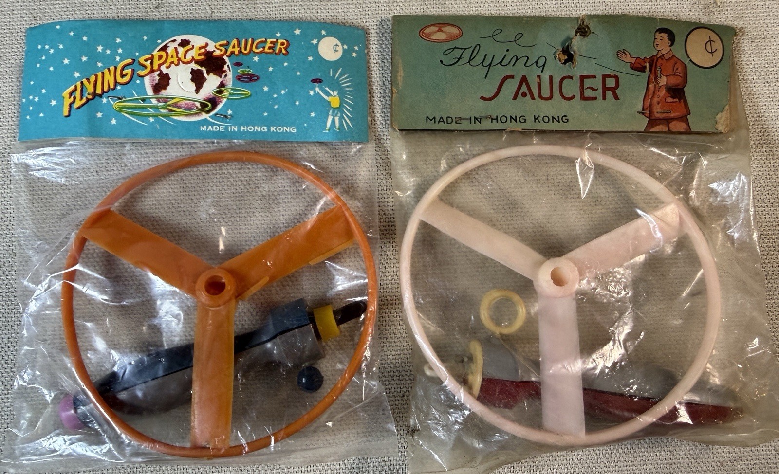 Vintage Lot (x2) NOS Toy Plastic Flying Saucers! Hong Kong, New, Sealed