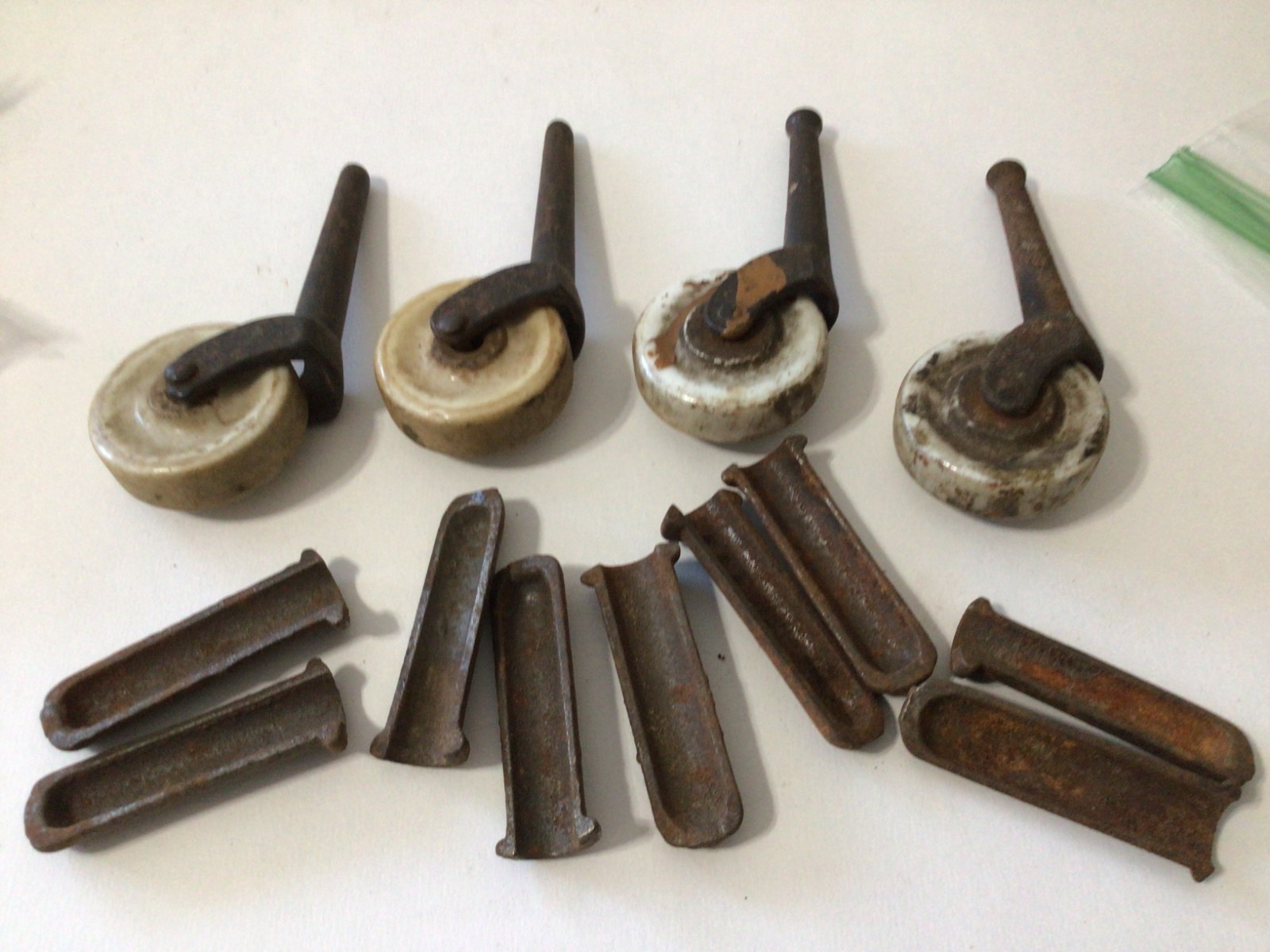 Set of 4 White Porcelain Furniture Rollers Casters Iron Shafts with Inserts