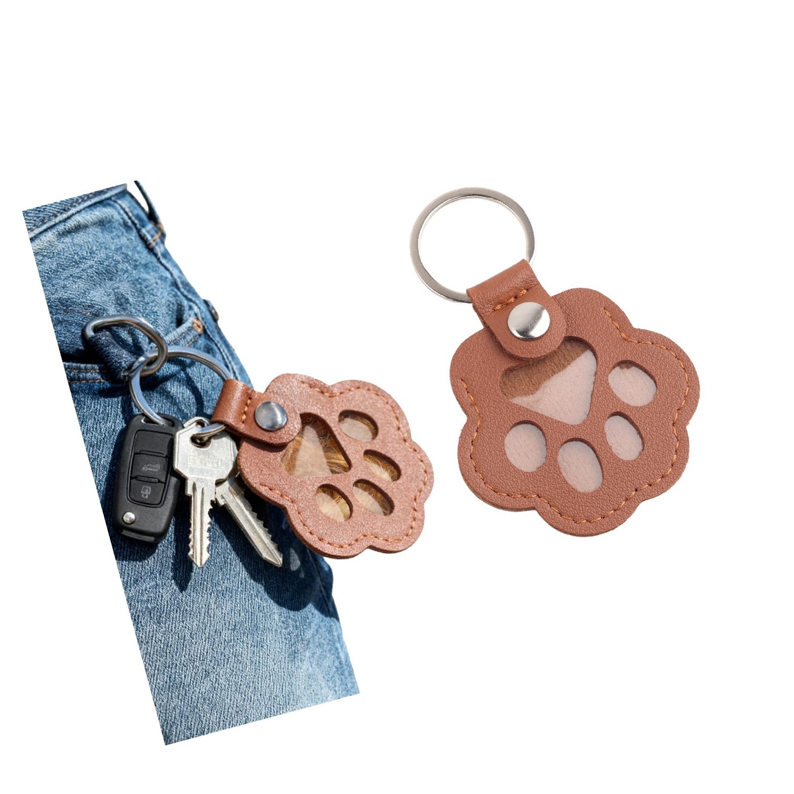 Cat and Dog Hair Keychain Pet Keepsake,Pet Paw Shaped Leather Keychain for Pe...