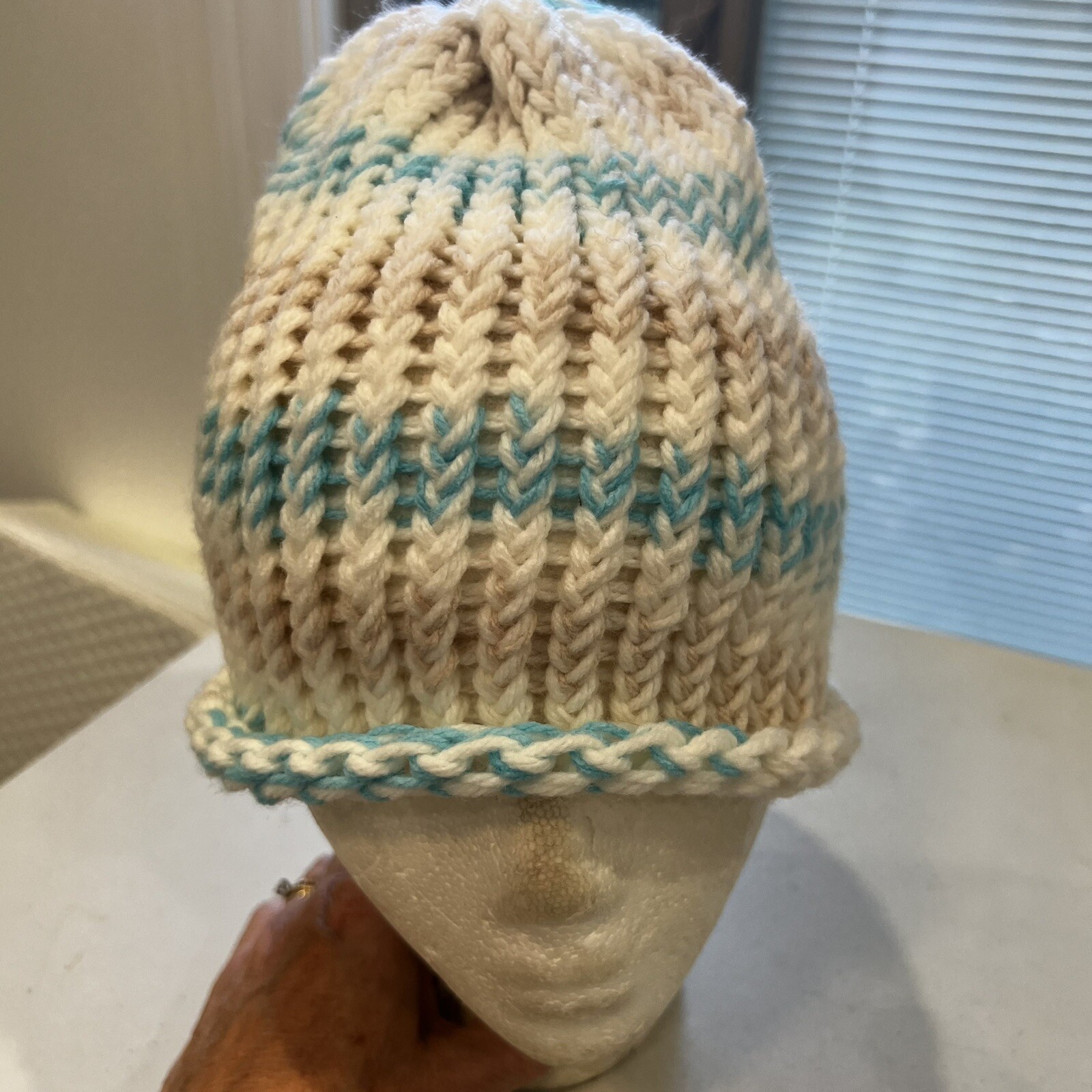 Tan White Light Blue Knitted Hat Cap Small EUC