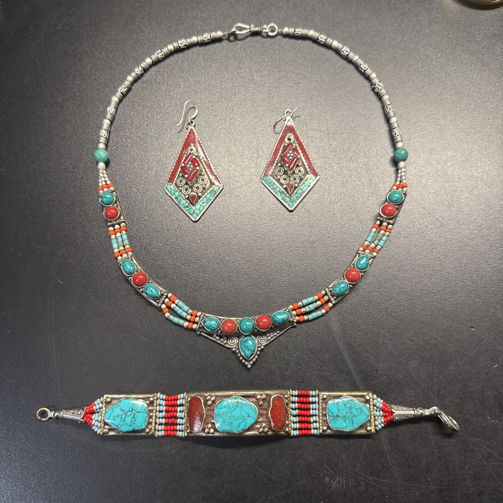 Nepal Handmade Tibetan Silverplate Necklace Earring Bracelet Set Coral Turquois
