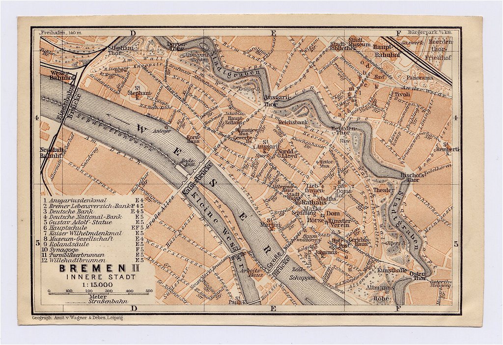 1904 ORIGINAL ANTIQUE CITY MAP OF BREMEN DOWNTOWN / GERMANY