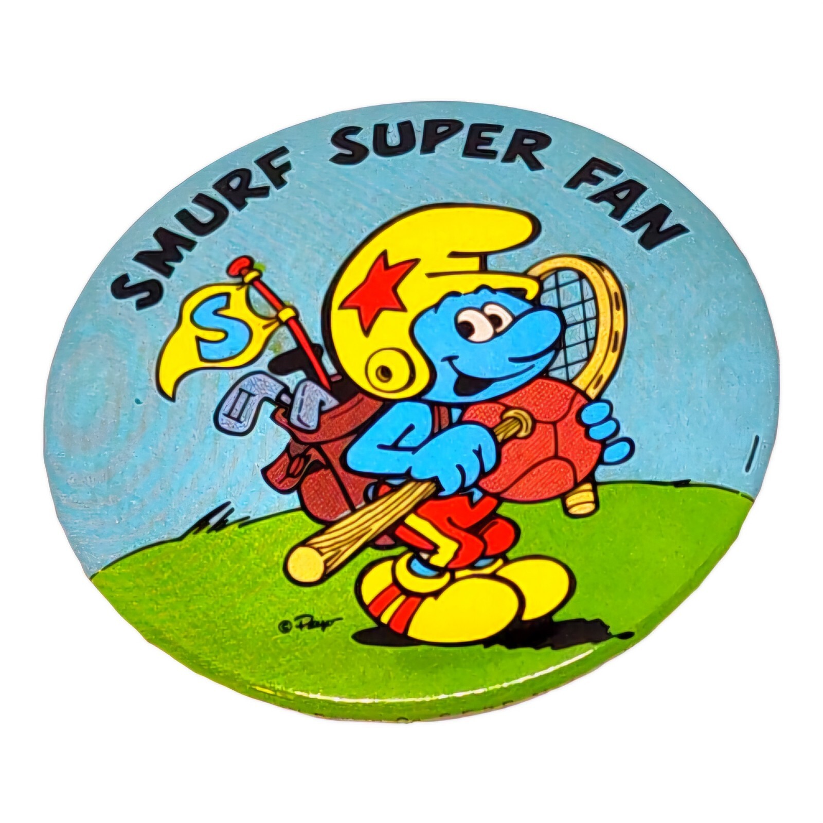 Vintage Smurf Button Pinback Super Fan 1982 Peyo W. Berrie Co Pin 2.5"