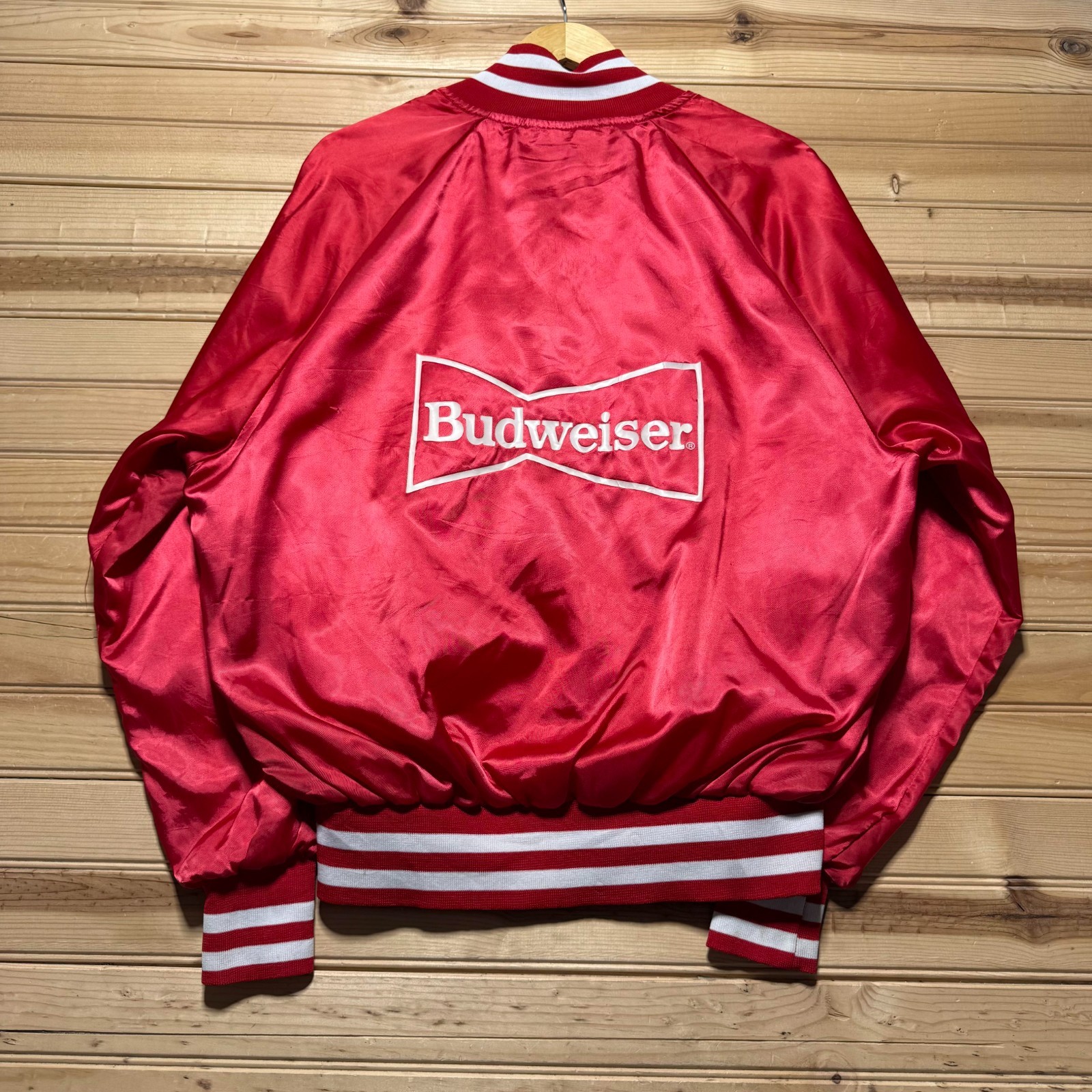 Vintage 80s Budweiser Promo Full Button Embroidered Satin Bomber Jacket USA - XL