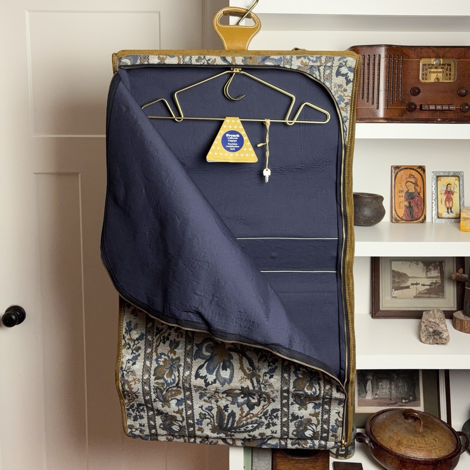 VINTAGE FRENCH LUGGAGE CO SUEDE & TAPESTRY GARMENT BAG Floral Lock And Key New