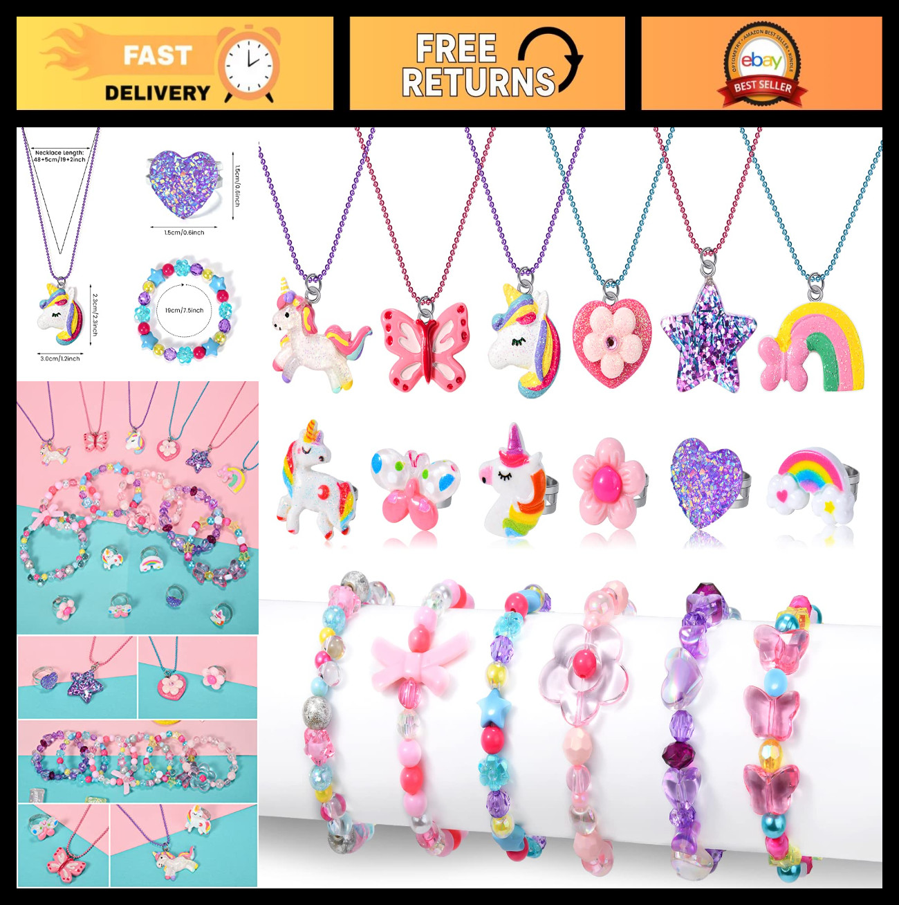 18 PCS Kids Jewelry Set - Bracelets, Necklaces, Rings, Unicorn & Butterfly, Colo