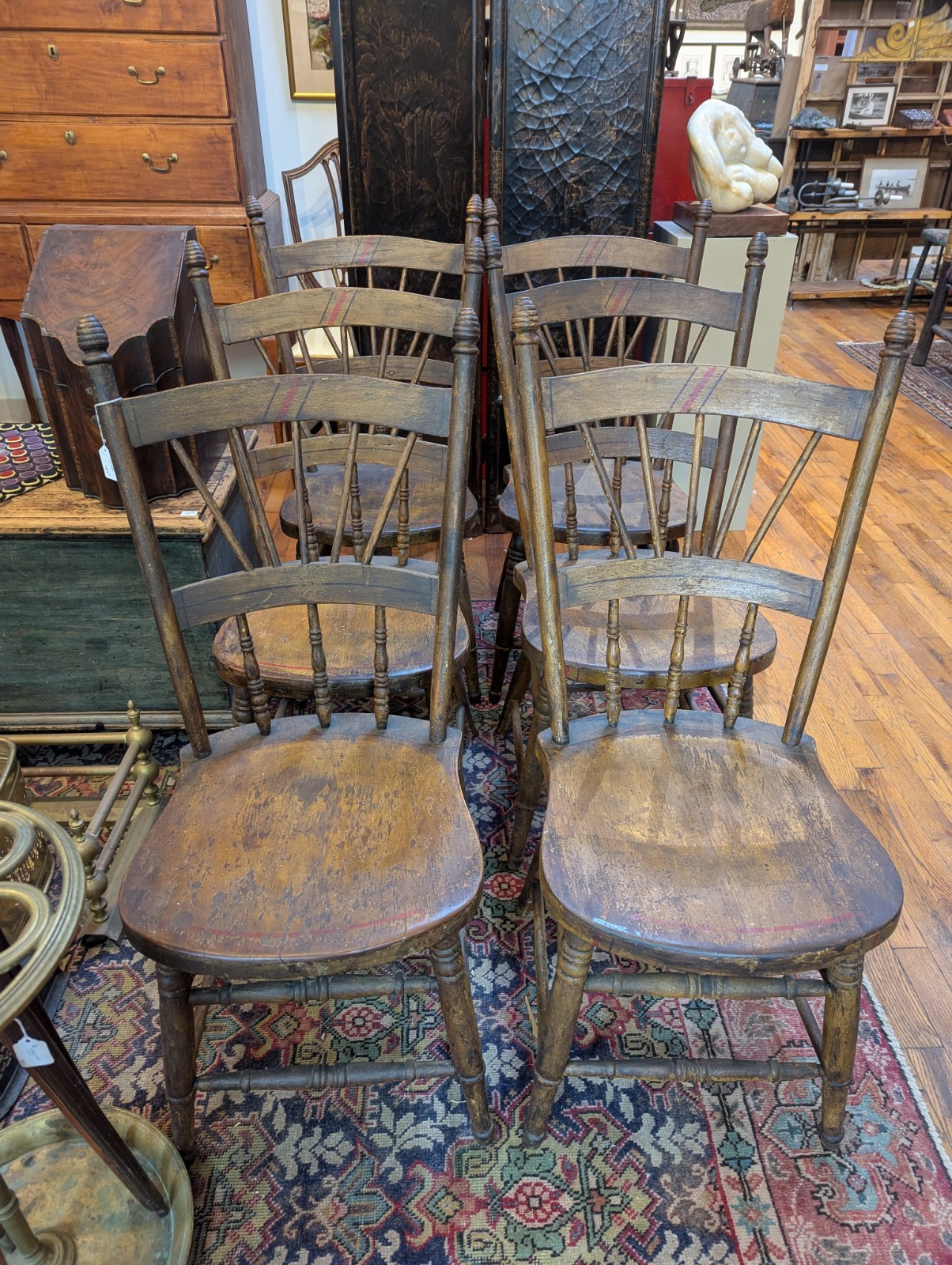 1875 Paint Decorated 1/2 Spindle Windsor Chairs Original Paint (6)