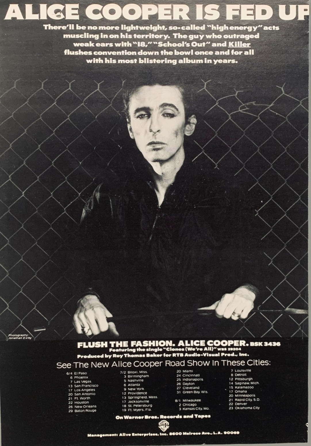 ALICE COOPER 1980 vintage POSTER ADVERT FLUSH THE FASHION Warner CONCERT TOUR