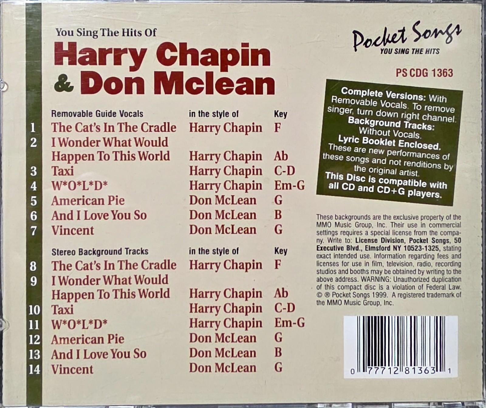1363 HARRY CHAPLIN DON MCLEAN   POCKET SONGS JUST TRACKS  CDGS LOT  LONG DRIVE