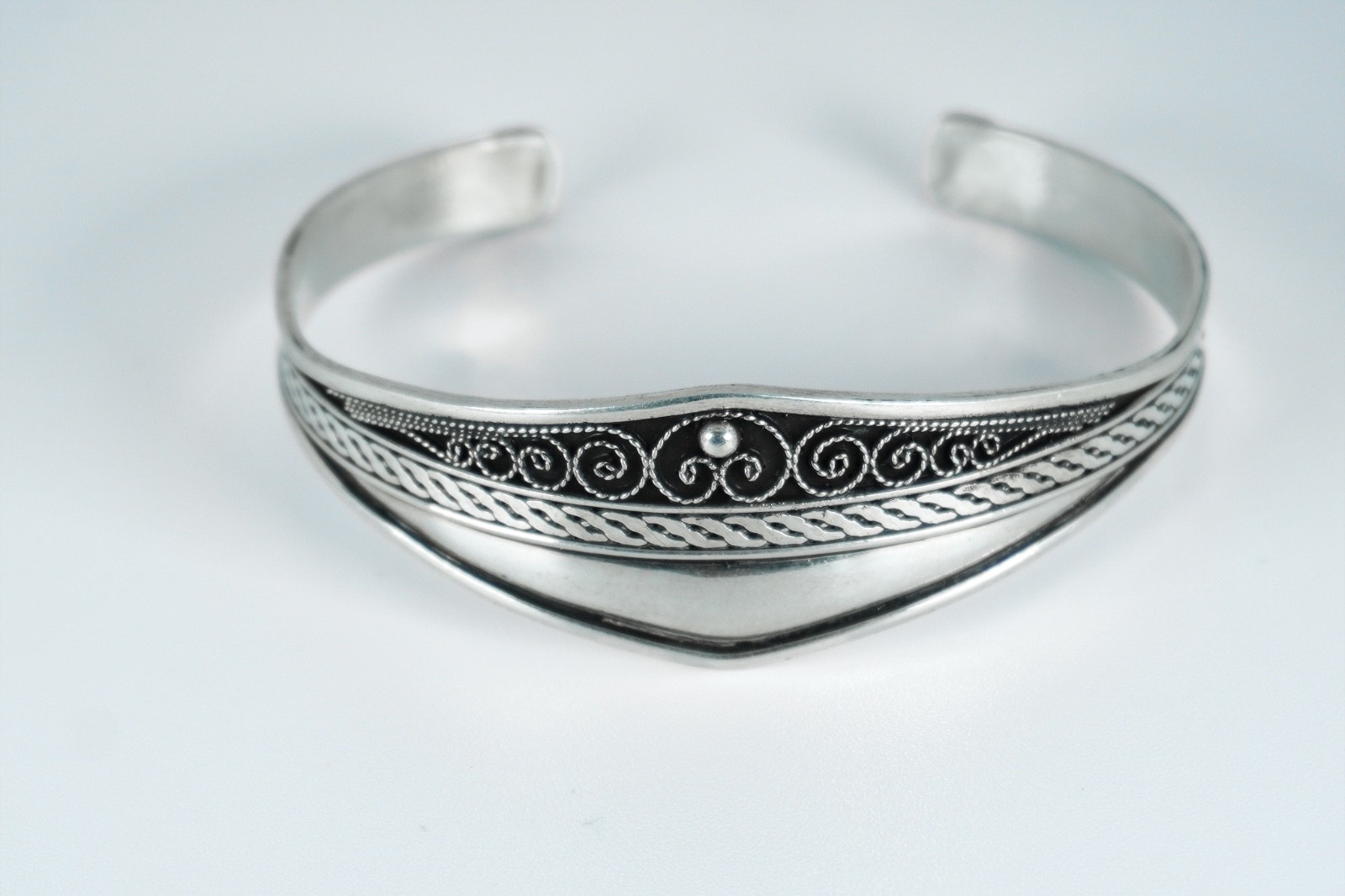 Sterling Silver Cuff Bracelet with Intricate Detailing 6.5 inch
