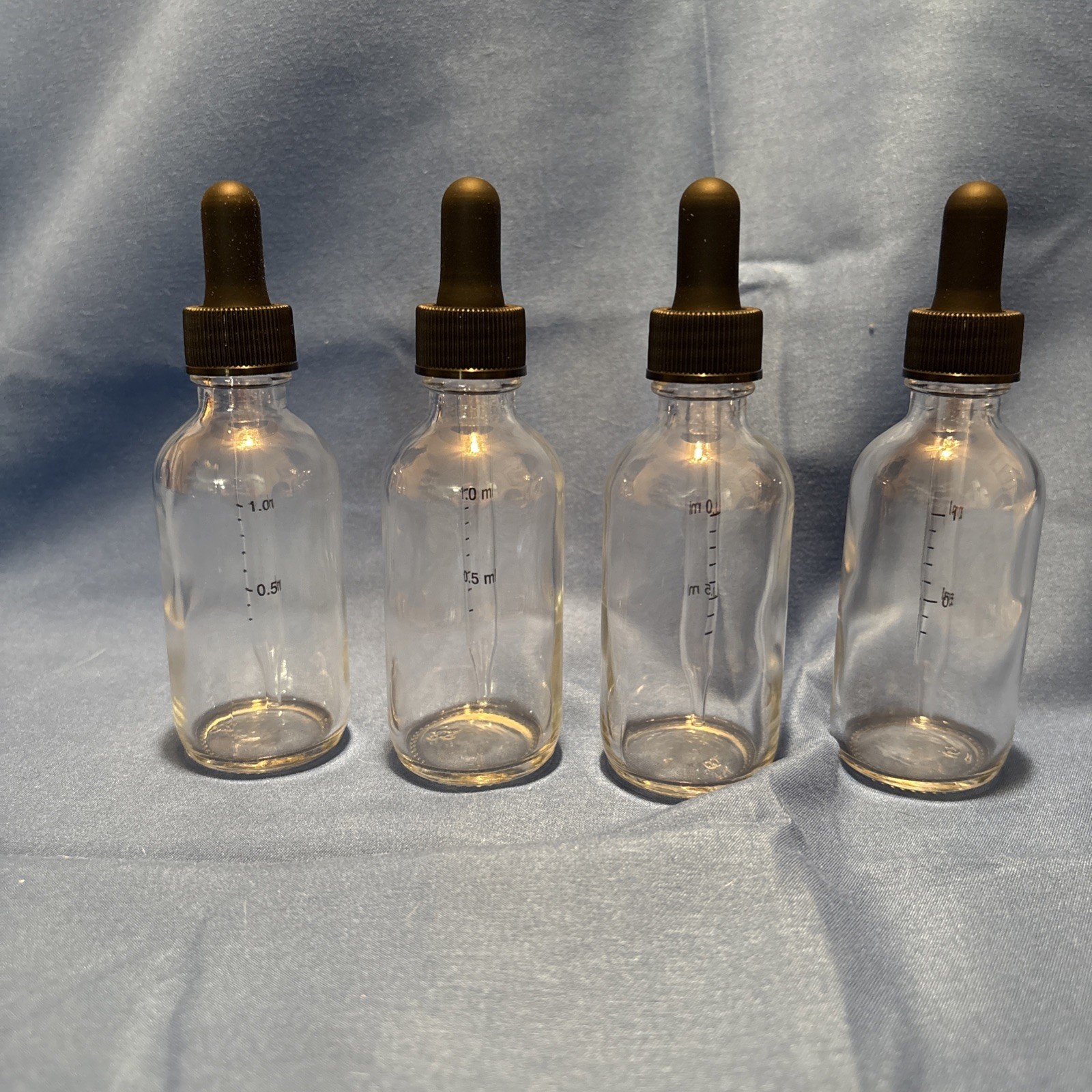 (4) Clear Boston Round 2oz Glass Bottles With Dropper (graduated Marks)
