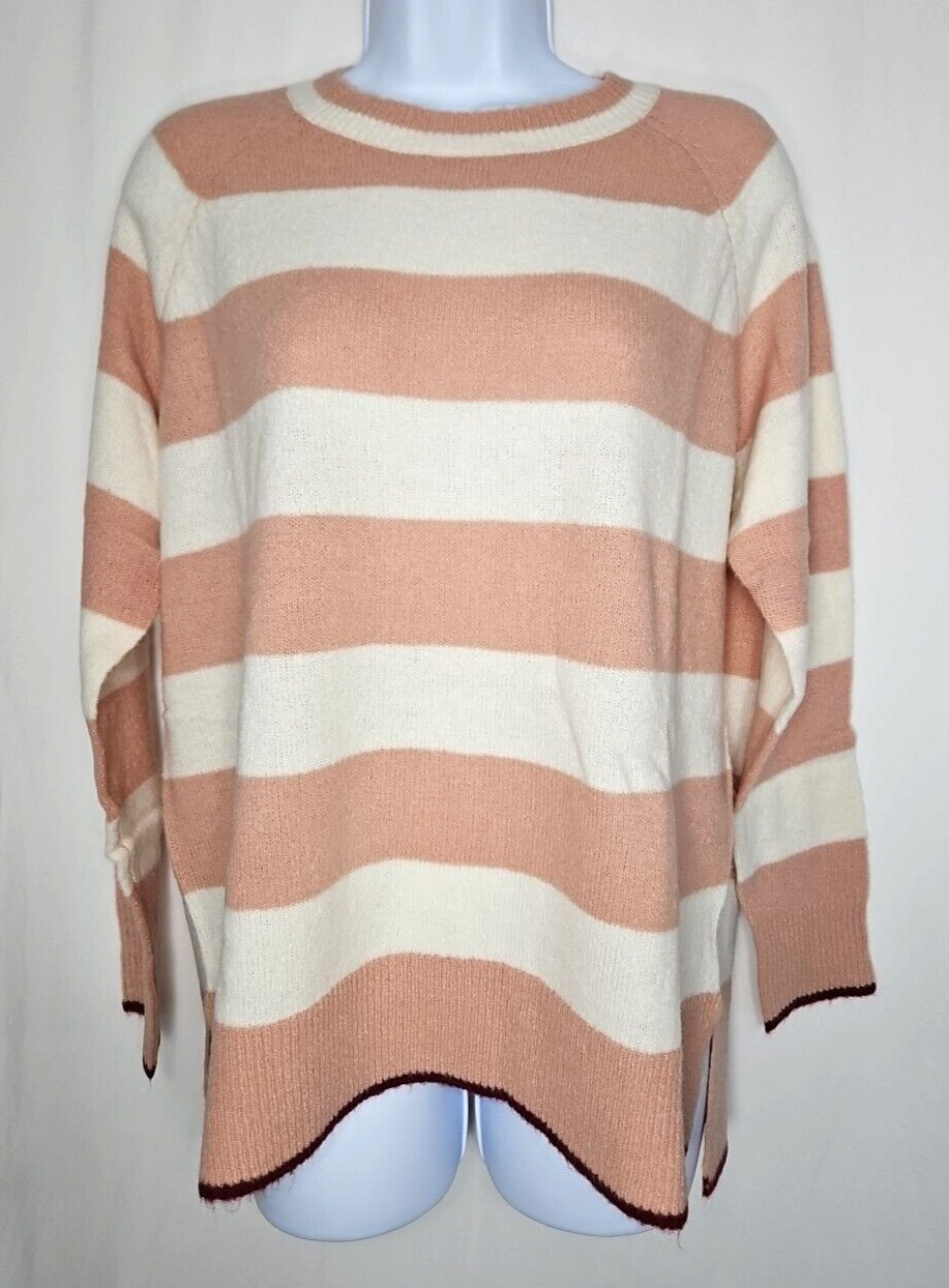 Lush Women's Striped Oversized Crew Neck Mauve Cream Sweater Size Small NWOT