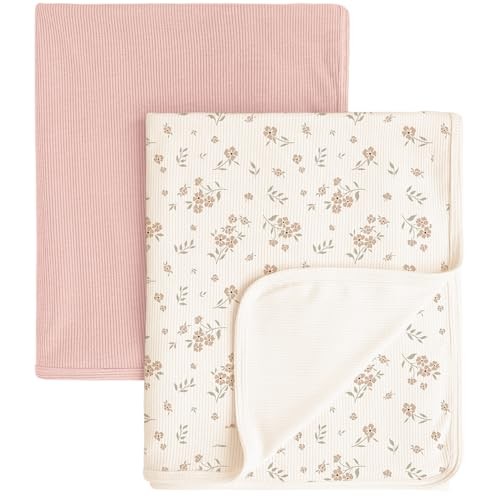  Knit Baby Blanket 2 Pack, Soft Ribbed Swaddle Receiving Blankets Blossom,pink