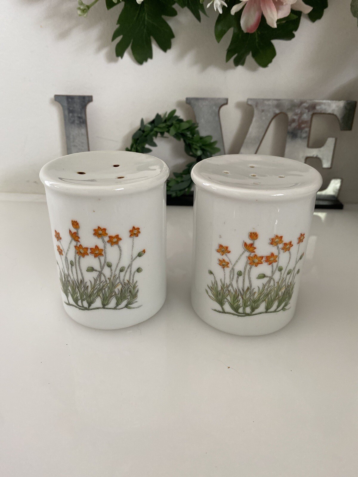 Takashi Ceramic Salt and Pepper Shakers Orange Flowers