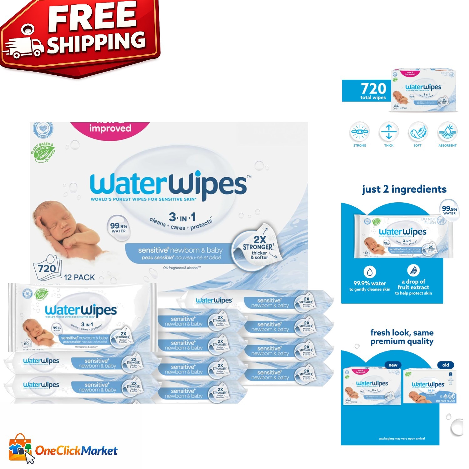 Sensitive+ Newborn Baby Wipes, 720 Count Unscented, Hypoallergenic & Gentle