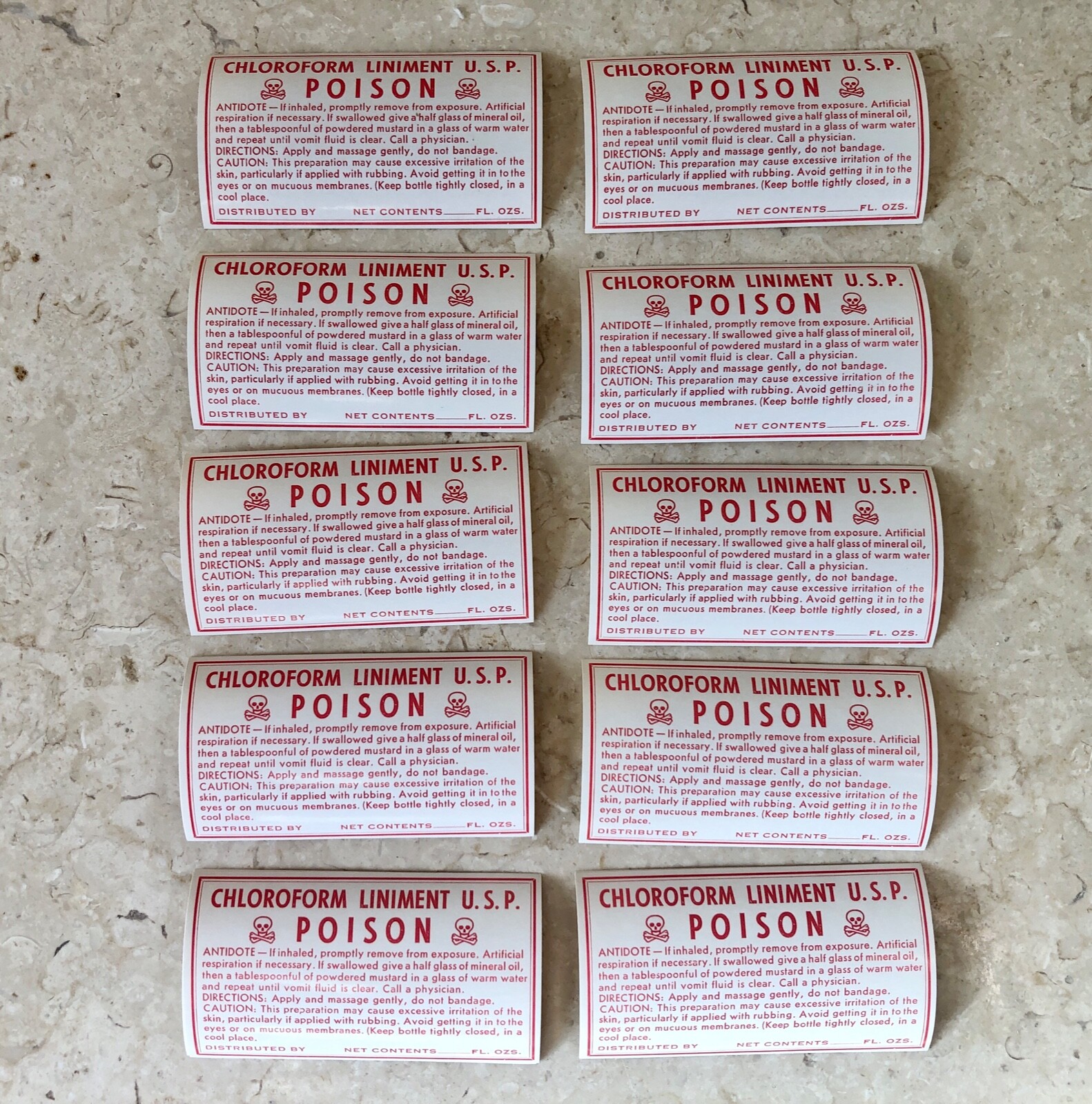 Lot of 10 Vintage Unused Medicine Label Chloroform Liniment U.S.P Poison
