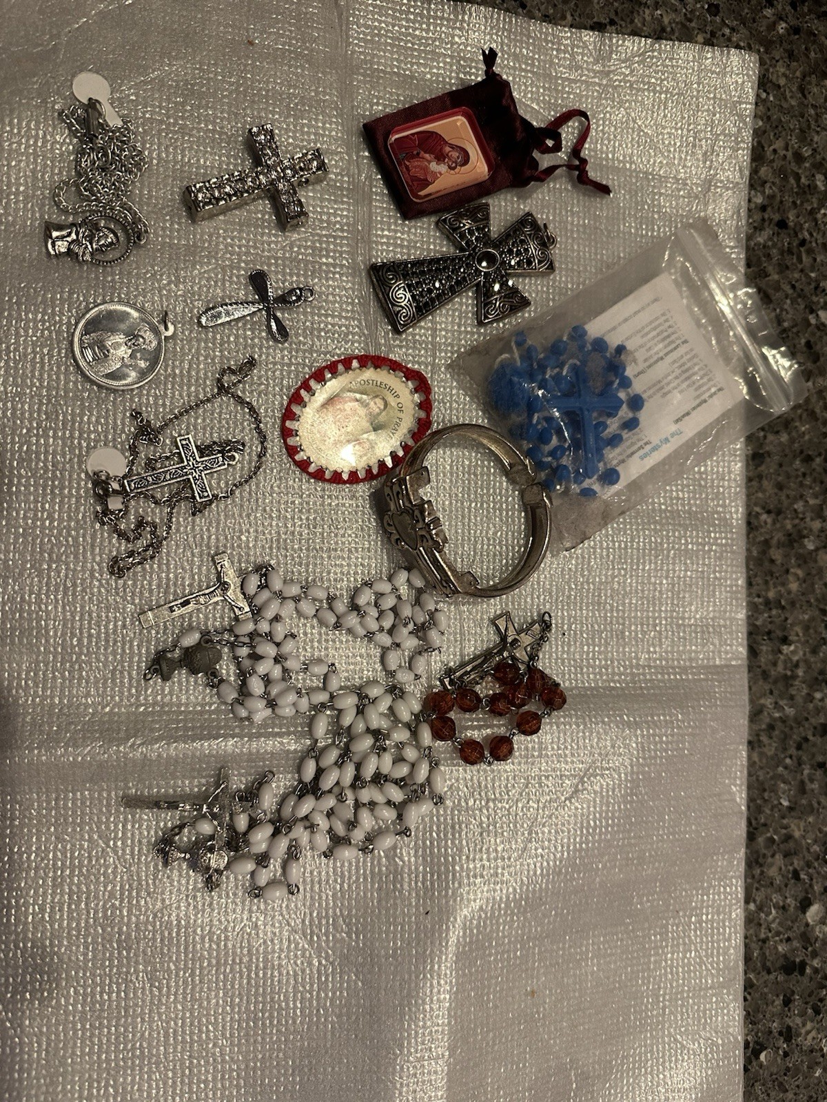 Junk Drawer Lot Assortment Religious Items Rosary Medals Watch Cross Pendant