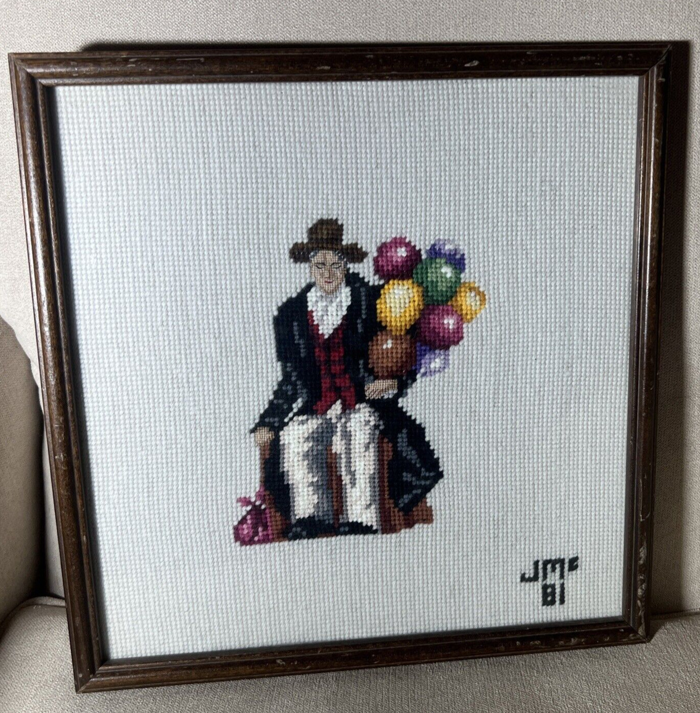 Vintage Ballon Man Needle Point Cross Stitch Framed