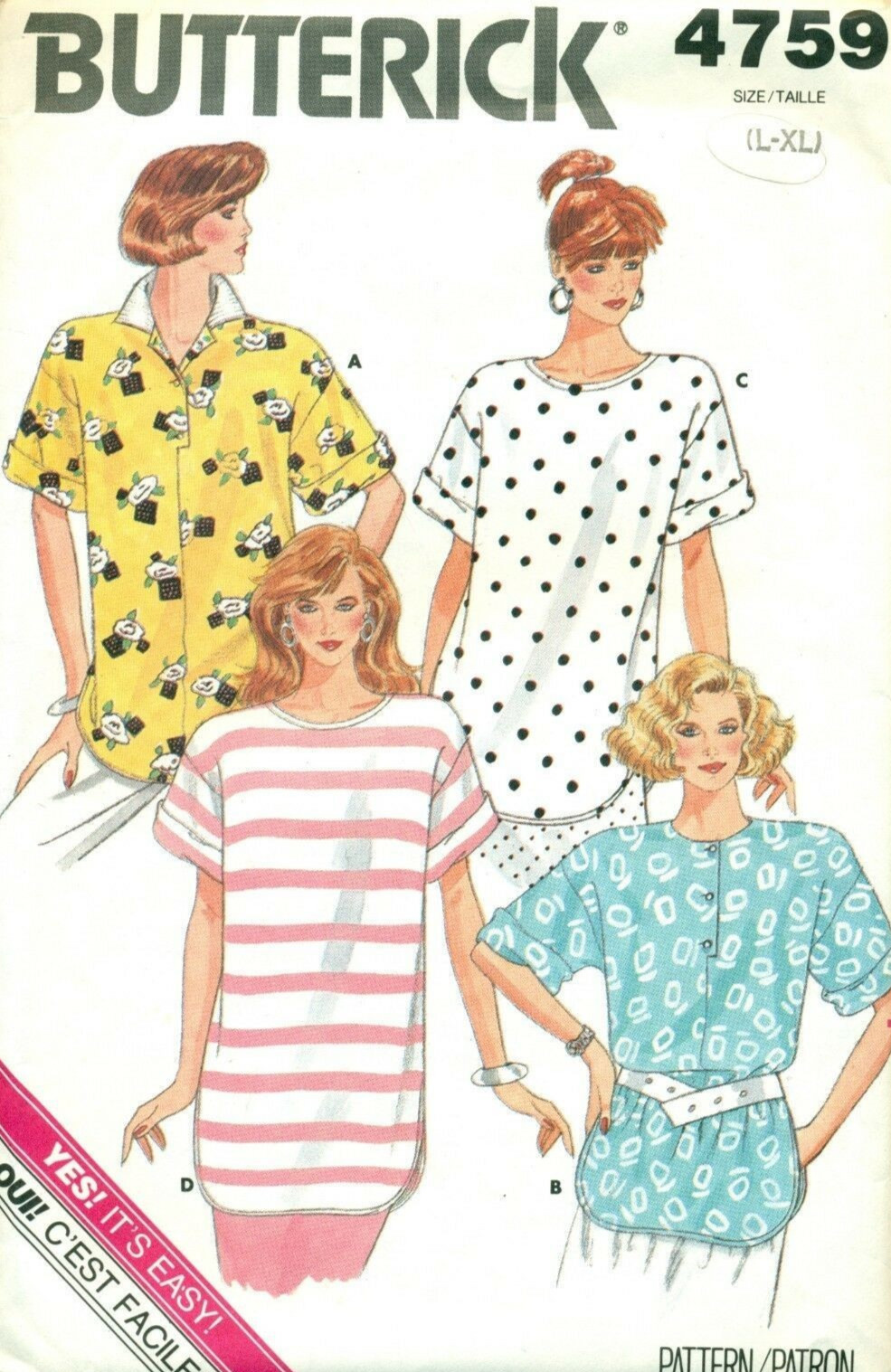 Butterick Sewing Pattern 4759 Misses Top Pullover 4 Variations Size LG-XL VTG UC