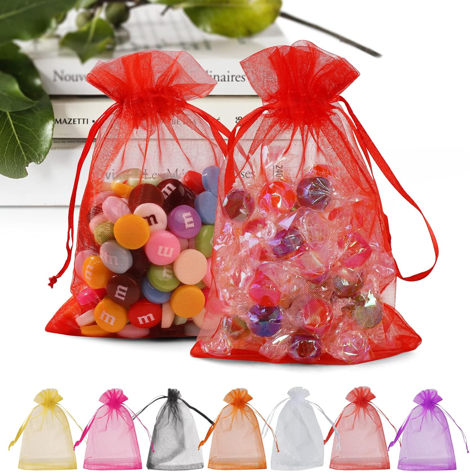 50PCS Premium Red Organza Bags 5x7 inches Mesh Bags Drawstring, Small Gift Bag f