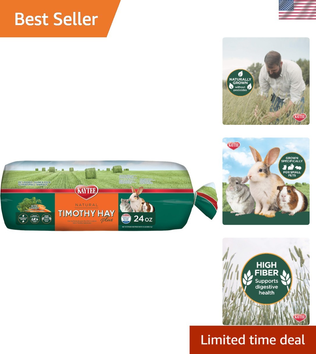 Kaytee 24 oz Timothy Hay Plus Carrots for Happy Guinea Pigs & Rabbits