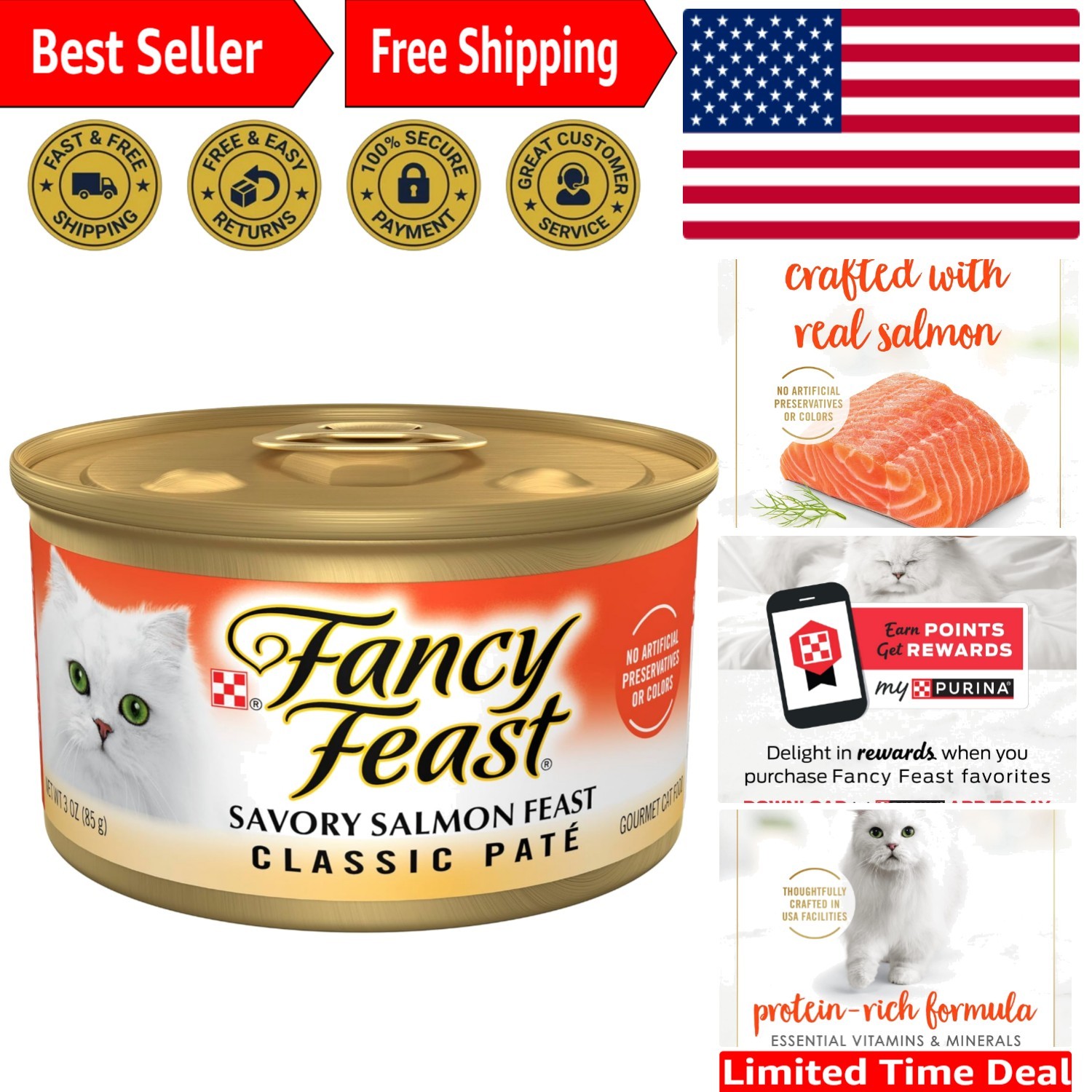 Purina Salmon Feast Grain-Free Wet Cat Food Pate - Pack of 24 Cans, 3 oz.