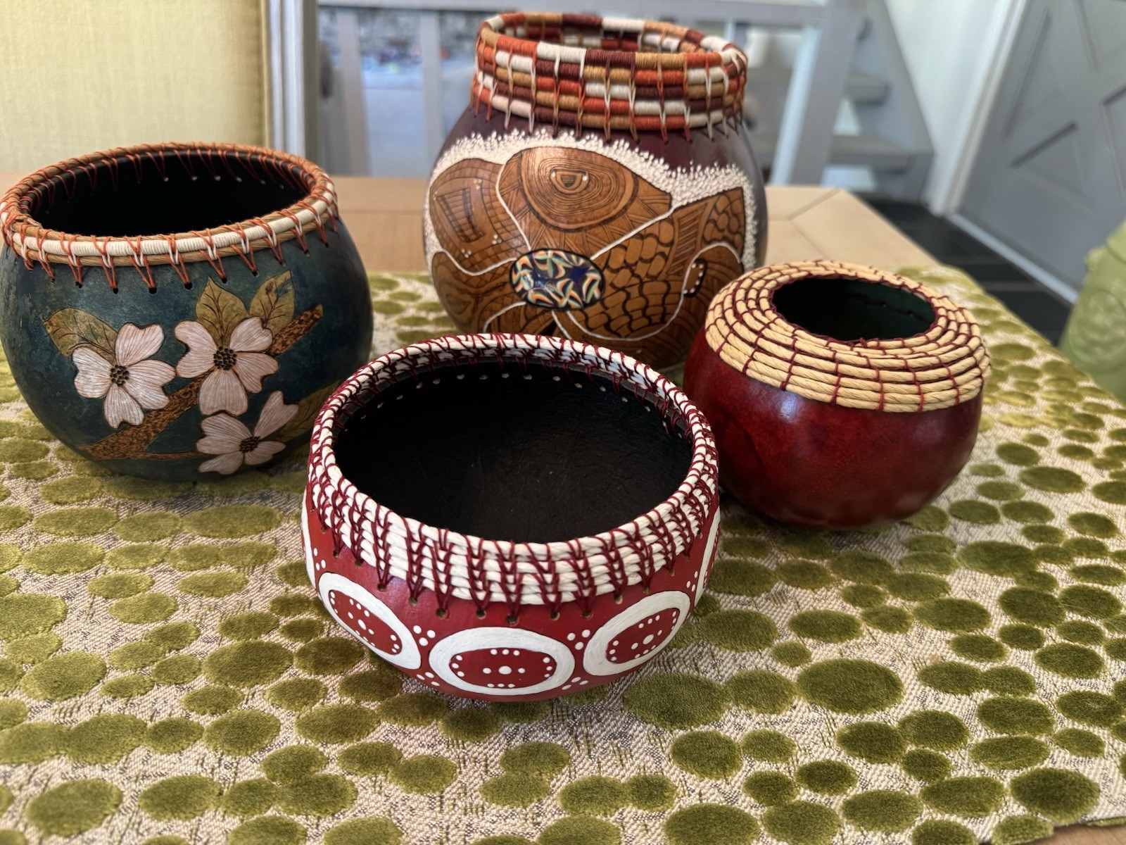 (4) Hand Painted Dried Gourd BOWL FOLK ART Set
