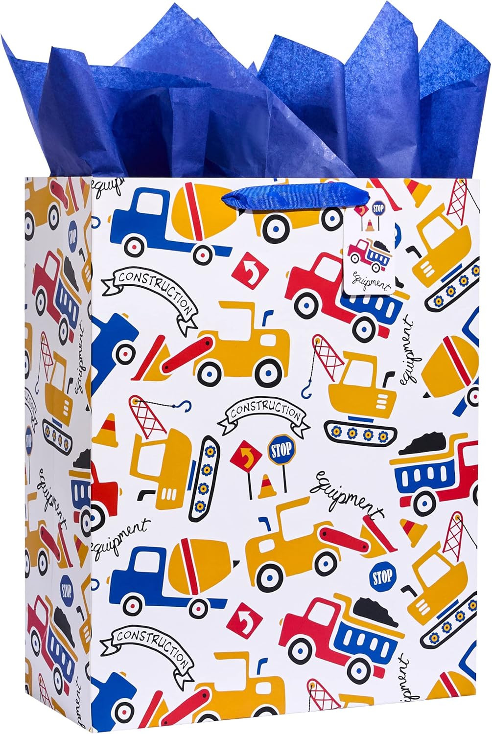 Construction Vehicle Pattern Gift Bag with Blue Tissue Paper, Extra Large 15.7x1