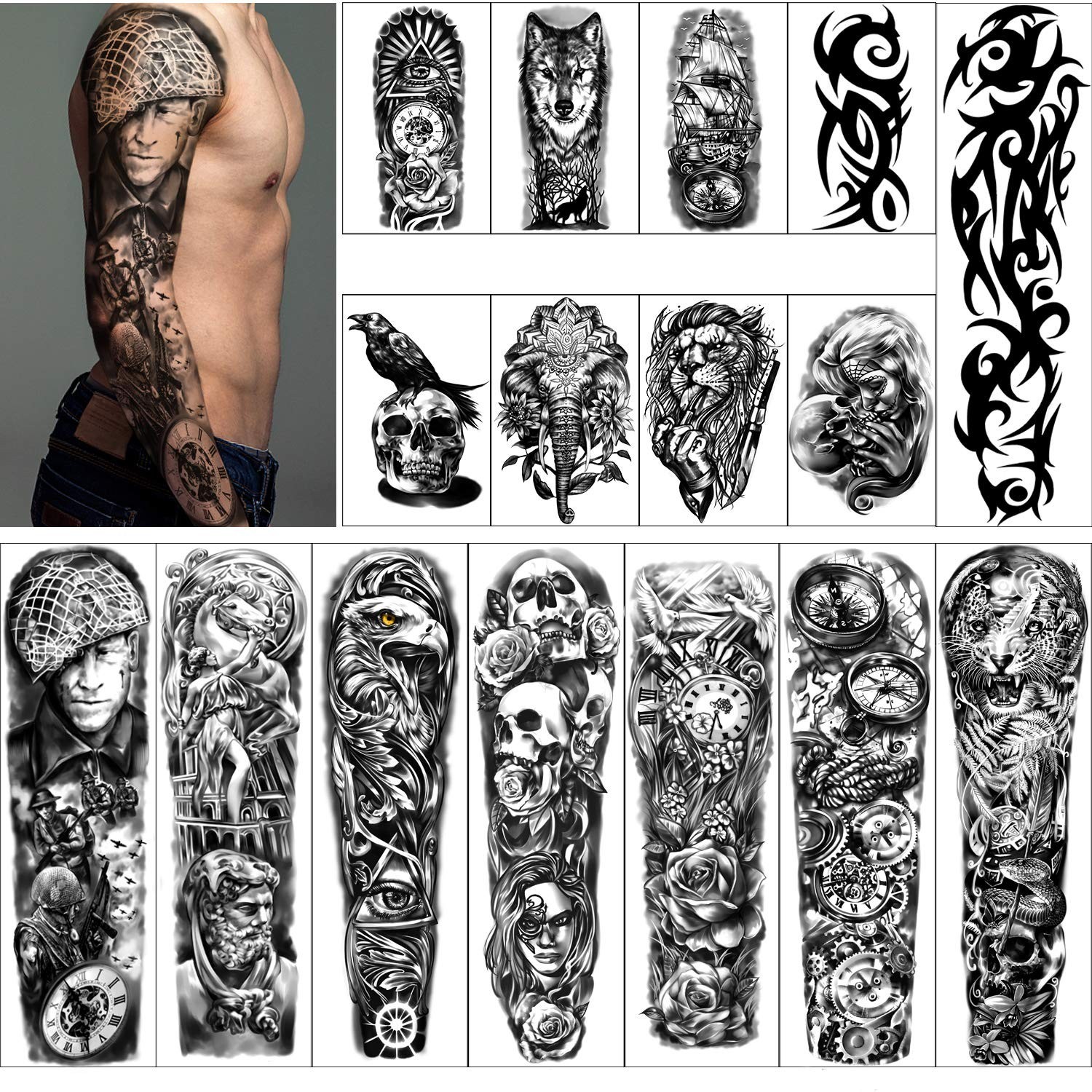 Full Arm Temporary Tattoos 8 Sheets and Half Arm Shoulder Waterproof Tattoos ...