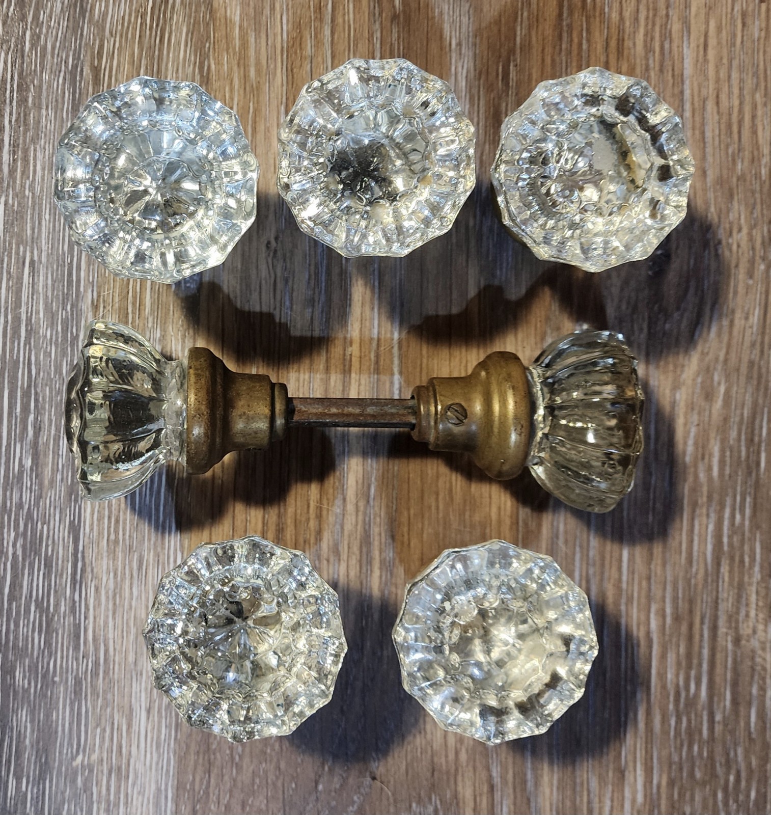 7 Vintage 12 Point Pt. Clear Glass & Brass Hardware Doorknobs 