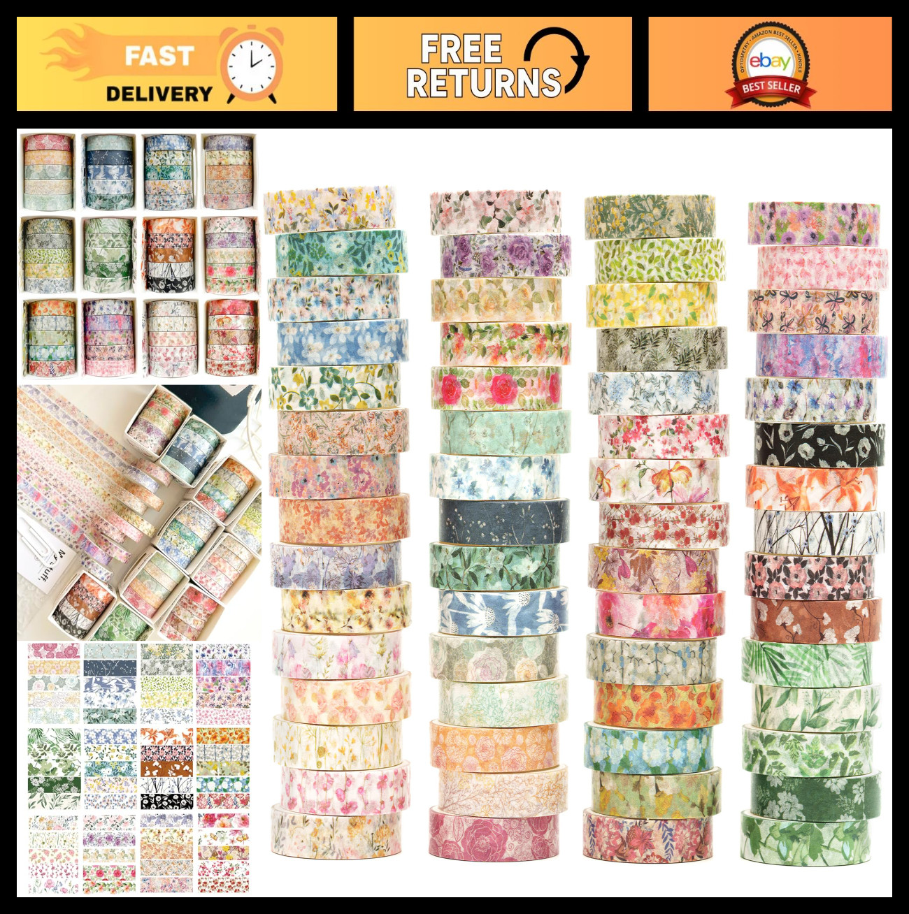 60 Rolls Floral Washi Tape Set - Decorative Skinny Masking Tapes for Crafts, Jou
